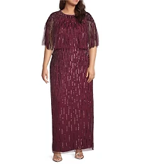 Adrianna Papell Plus Size Beaded Mesh Boat Neck Cape Sleeve Long Dress