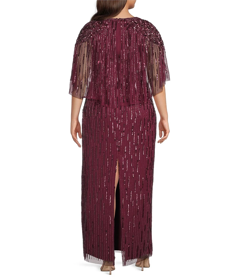 Adrianna Papell Plus Size Beaded Mesh Boat Neck Cape Sleeve Long Dress