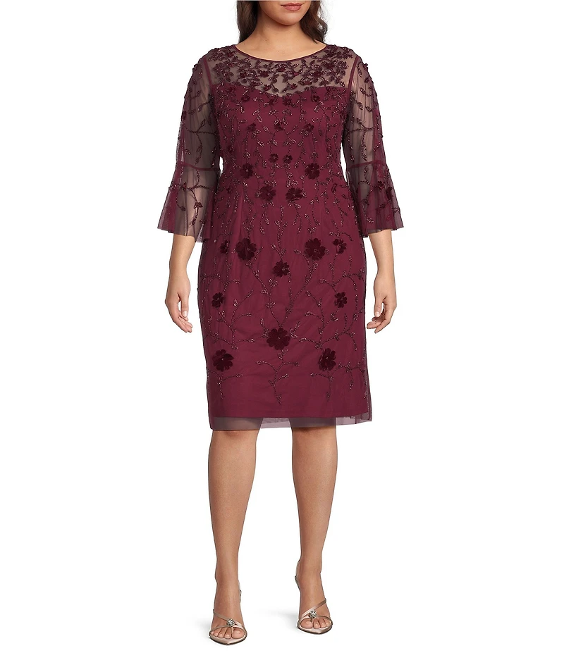 Adrianna Papell Plus Size Beaded Mesh Velvet 3/4 Sleeve Sheath Dress