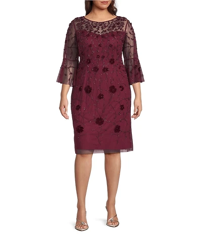 Adrianna Papell Plus Size Beaded Mesh Velvet 3/4 Sleeve Sheath Dress
