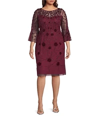 Adrianna Papell Plus Size Beaded Mesh Velvet 3/4 Sleeve Sheath Dress