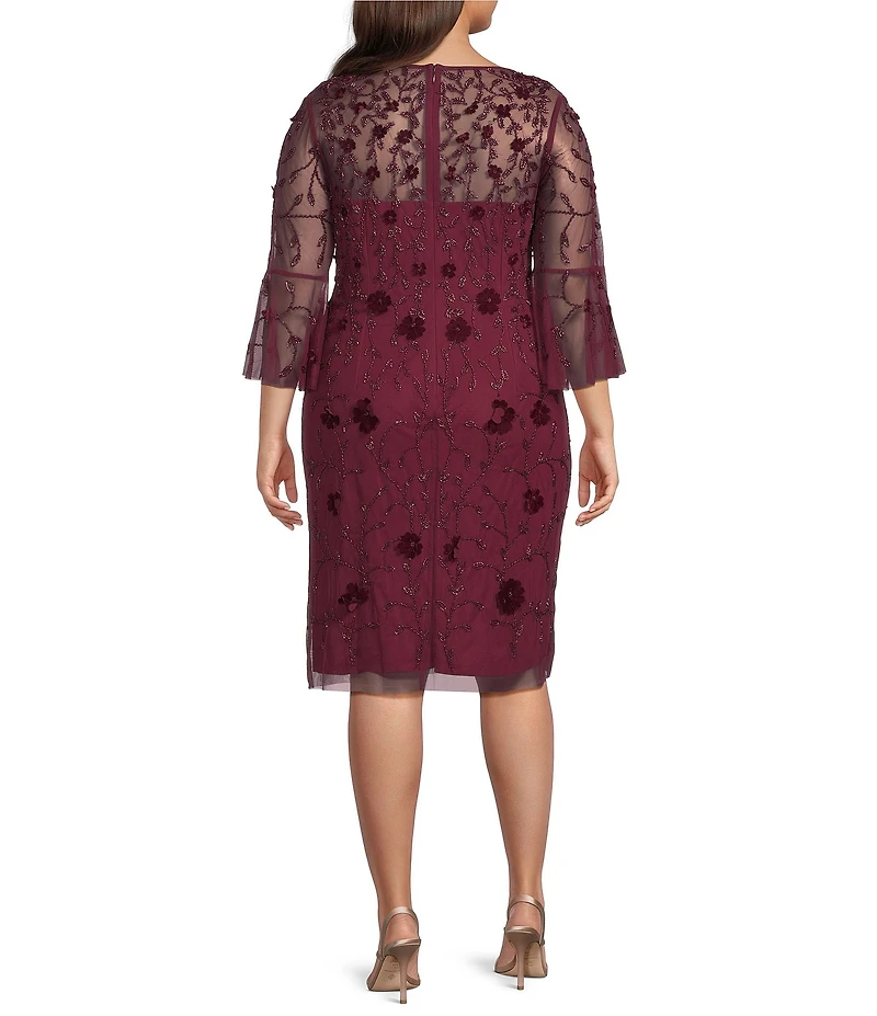 Adrianna Papell Plus Size Beaded Mesh Velvet 3/4 Sleeve Sheath Dress