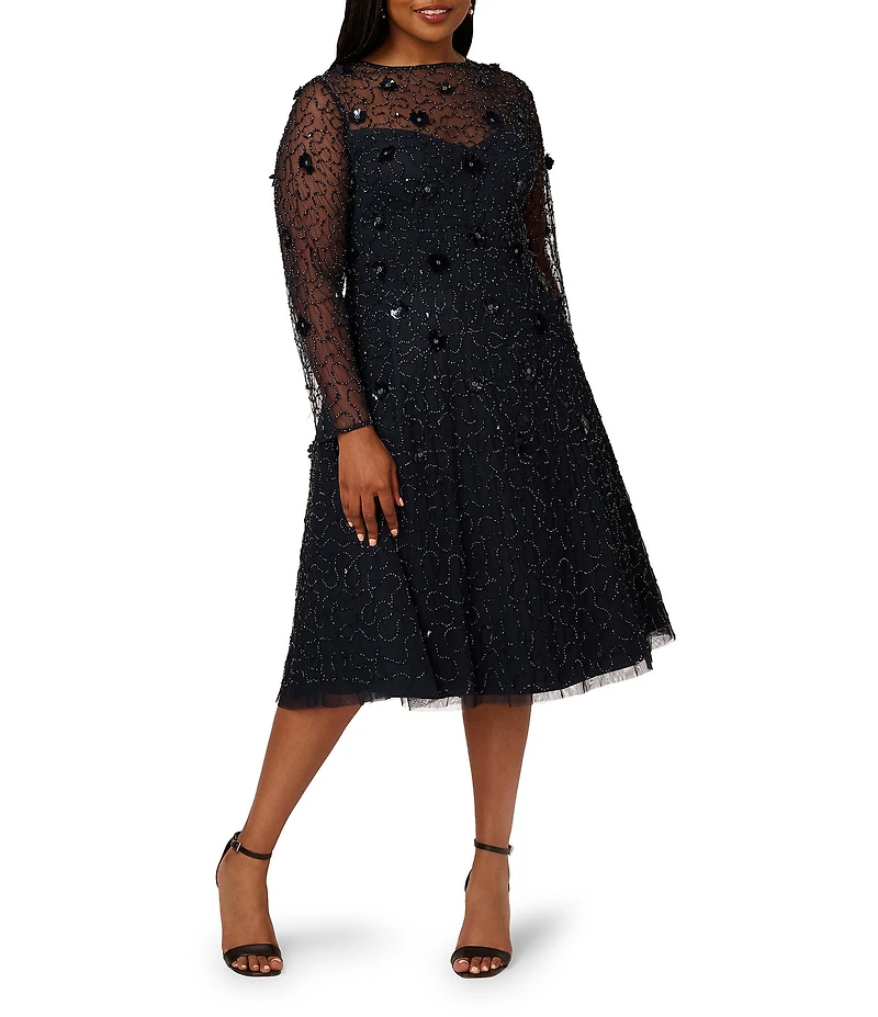 Adrianna Papell Plus Size Beaded Velvet Mesh Boat Neck Long Sleeve Midi Dress