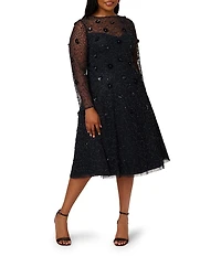 Adrianna Papell Plus Size Beaded Velvet Mesh Boat Neck Long Sleeve Midi Dress