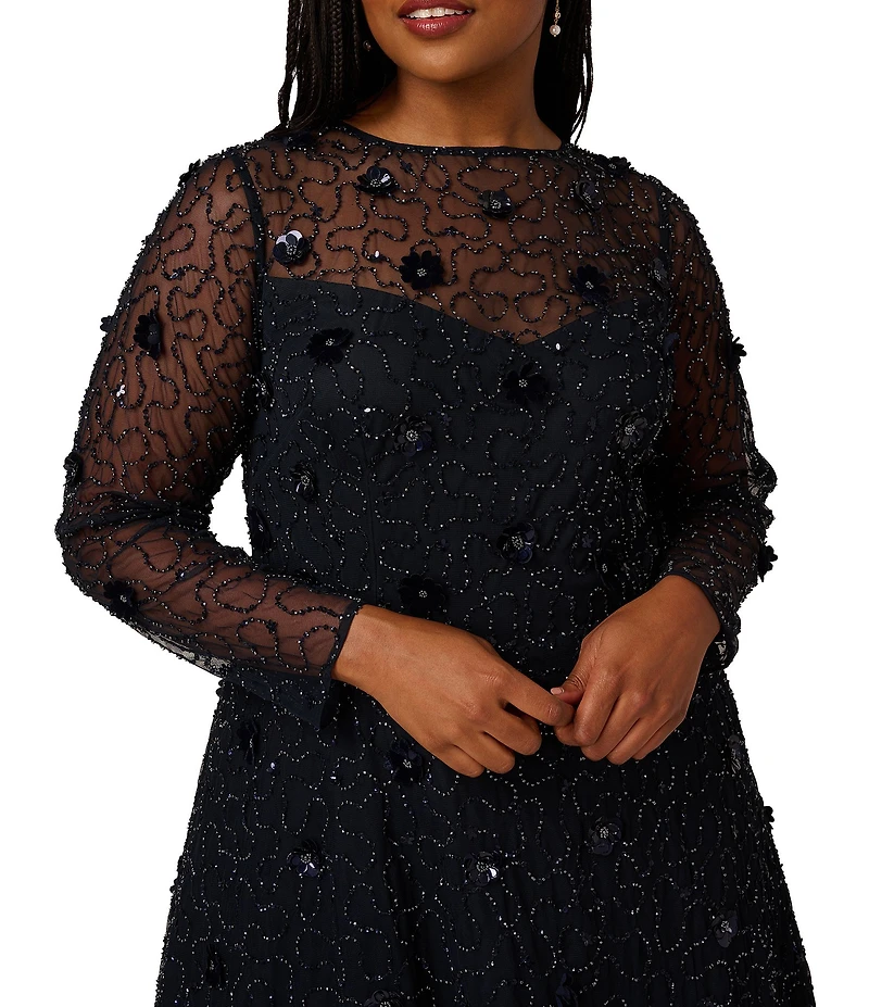 Adrianna Papell Plus Size Beaded Velvet Mesh Boat Neck Long Sleeve Midi Dress