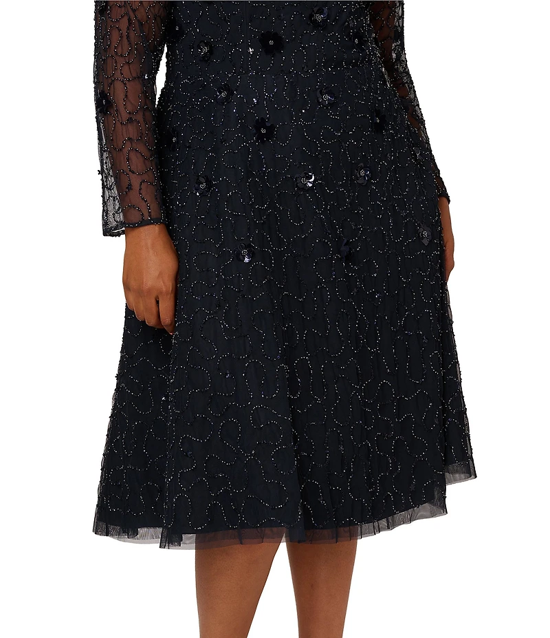 Adrianna Papell Plus Size Beaded Velvet Mesh Boat Neck Long Sleeve Midi Dress