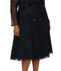 Adrianna Papell Plus Size Beaded Velvet Mesh Boat Neck Long Sleeve Midi Dress