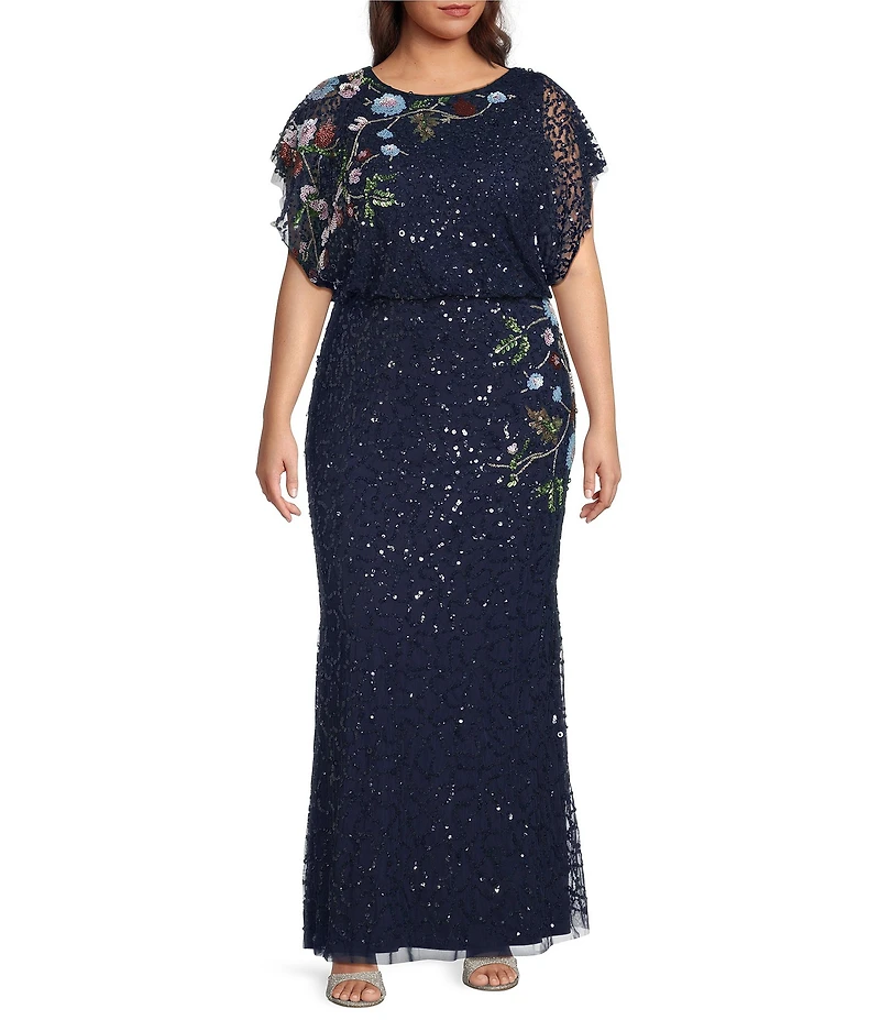 Adrianna Papell Plus Size Boat Neck Short Sleeve Beaded Mesh Blouson Gown