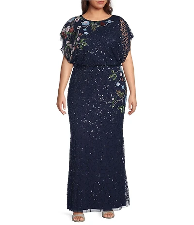 Adrianna Papell Plus Size Boat Neck Short Sleeve Beaded Mesh Blouson Gown