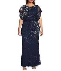 Adrianna Papell Plus Size Boat Neck Short Sleeve Beaded Mesh Blouson Gown