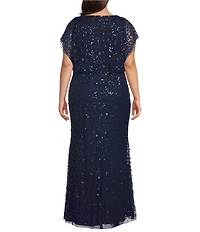 Adrianna Papell Plus Size Boat Neck Short Sleeve Beaded Mesh Blouson Gown