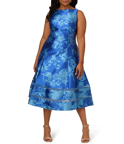 Adrianna Papell Plus Size Boat Neck Sleeveless Metallic Jacquard Fit and Flare Midi Dress