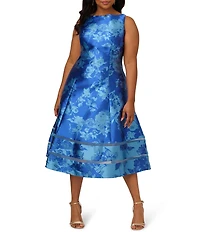 Adrianna Papell Plus Size Boat Neck Sleeveless Metallic Jacquard Fit and Flare Midi Dress
