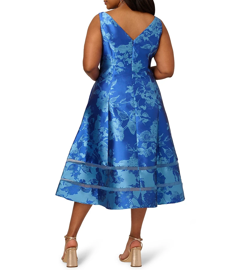 Adrianna Papell Plus Size Boat Neck Sleeveless Metallic Jacquard Fit and Flare Midi Dress