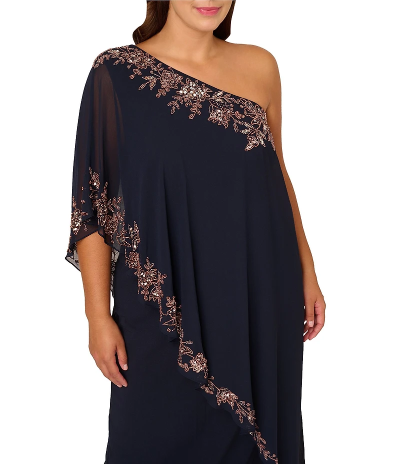 Adrianna Papell Plus Size Chiffon One Shoulder Short Sleeve Asymmetrical Beaded Trim Overlay Sheath Gown