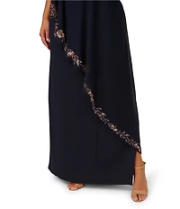 Adrianna Papell Plus Size Chiffon One Shoulder Short Sleeve Asymmetrical Beaded Trim Overlay Sheath Gown