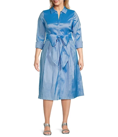 Adrianna Papell Plus Size Collared 3/4 Sleeve Taffeta Midi Shirt Dress