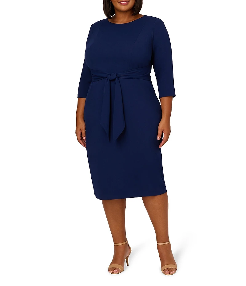 Adrianna Papell Plus Size Crepe Knit Tie Waist 3/4 Sleeve Round Neck Sheath Dress