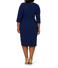 Adrianna Papell Plus Size Crepe Knit Tie Waist 3/4 Sleeve Round Neck Sheath Dress