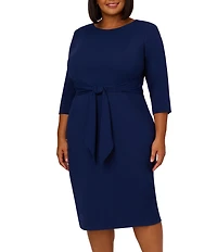 Adrianna Papell Plus Size Crepe Knit Tie Waist 3/4 Sleeve Round Neck Sheath Dress