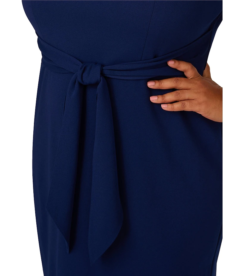 Adrianna Papell Plus Size Crepe Knit Tie Waist 3/4 Sleeve Round Neck Sheath Dress
