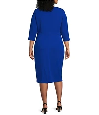 Adrianna Papell Plus Size Crepe Knit Tie Waist 3/4 Sleeve Round Neck Sheath Dress