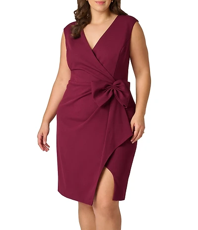 Adrianna Papell Plus Size Crepe V-Neck Sleeveless Bow Faux Wrap Dress