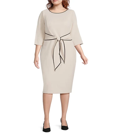 Adrianna Papell Plus Size Crew Neck 3/4 Sleeve Crepe Tie Waist Sheath Dress
