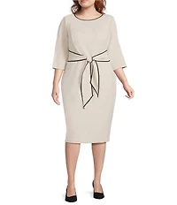 Adrianna Papell Plus Size Crew Neck 3/4 Sleeve Crepe Tie Waist Sheath Dress