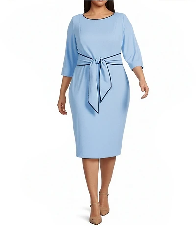 Adrianna Papell Plus Size Crew Neck 3/4 Sleeve Crepe Tie Waist Sheath Dress