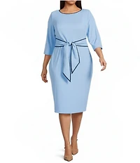Adrianna Papell Plus Size Crew Neck 3/4 Sleeve Crepe Tie Waist Sheath Dress