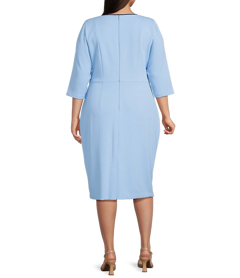 Adrianna Papell Plus Size Crew Neck 3/4 Sleeve Crepe Tie Waist Sheath Dress