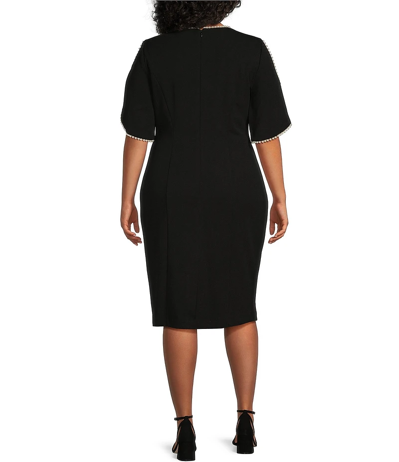 Adrianna Papell Plus Size Crew Neck Pearl Trim Crepe Dress