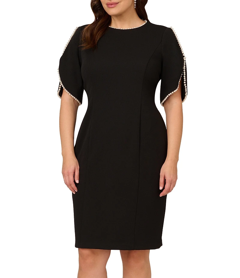 Adrianna Papell Plus Size Crew Neck Pearl Trim Crepe Dress