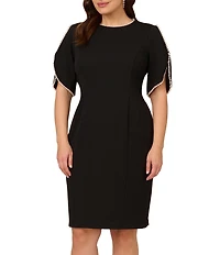 Adrianna Papell Plus Size Crew Neck Pearl Trim Crepe Dress