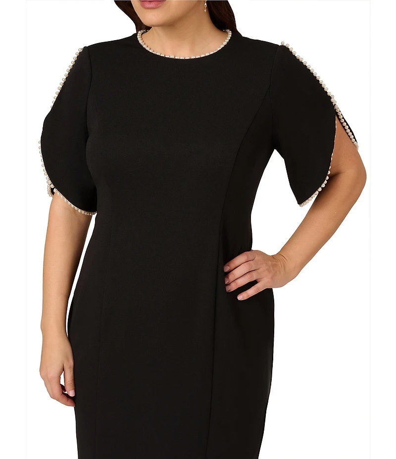 Adrianna Papell Plus Size Crew Neck Pearl Trim Crepe Dress