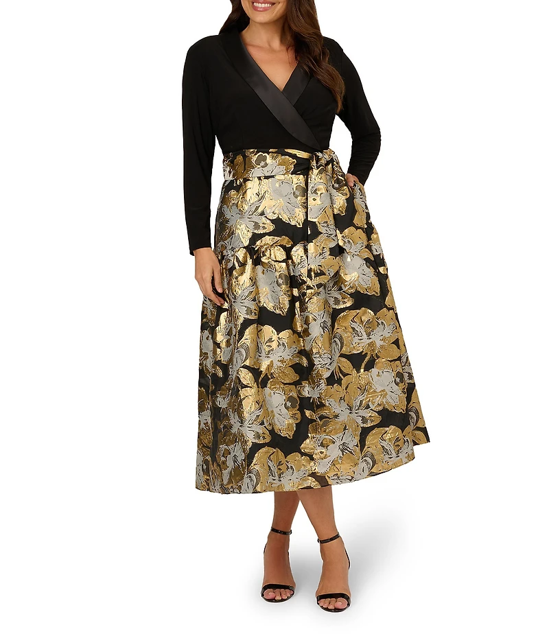Adrianna Papell Plus Size Floral Jacquard Lapel V-Neck Long Sleeve Side Pocket Tuxedo Midi Dress