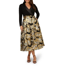 Adrianna Papell Plus Size Floral Jacquard Lapel V-Neck Long Sleeve Side Pocket Tuxedo Midi Dress