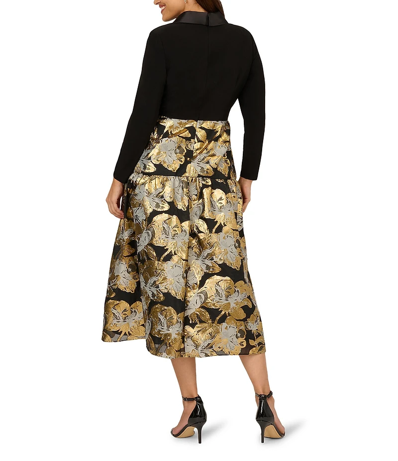 Adrianna Papell Plus Size Floral Jacquard Lapel V-Neck Long Sleeve Side Pocket Tuxedo Midi Dress
