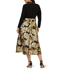 Adrianna Papell Plus Size Floral Jacquard Lapel V-Neck Long Sleeve Side Pocket Tuxedo Midi Dress