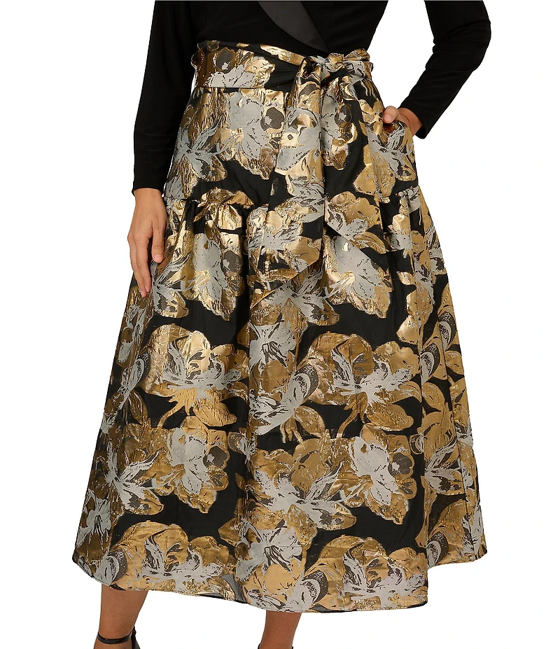 Adrianna Papell Plus Size Floral Jacquard Lapel V-Neck Long Sleeve Side Pocket Tuxedo Midi Dress
