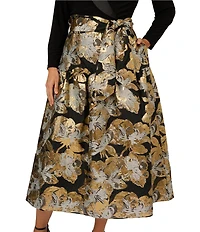 Adrianna Papell Plus Size Floral Jacquard Lapel V-Neck Long Sleeve Side Pocket Tuxedo Midi Dress