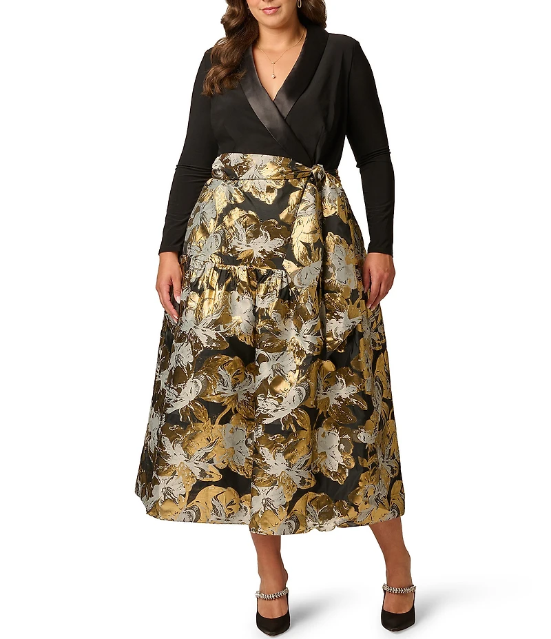 Adrianna Papell Plus Size Floral Jacquard Lapel V-Neck Long Sleeve Side Pocket Tuxedo Midi Dress