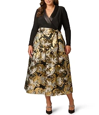Adrianna Papell Plus Size Floral Jacquard Lapel V-Neck Long Sleeve Side Pocket Tuxedo Midi Dress
