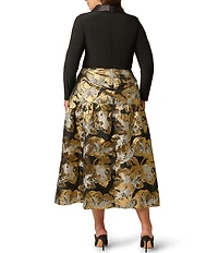 Adrianna Papell Plus Size Floral Jacquard Lapel V-Neck Long Sleeve Side Pocket Tuxedo Midi Dress