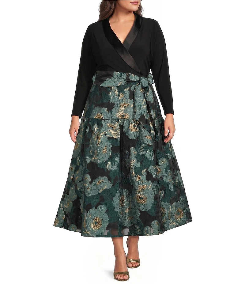 Adrianna Papell Plus Size Floral Print Long Sleeve Surplice Neck Combo Jacquard Dress