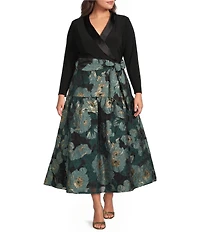 Adrianna Papell Plus Size Floral Print Long Sleeve Surplice Neck Combo Jacquard Dress