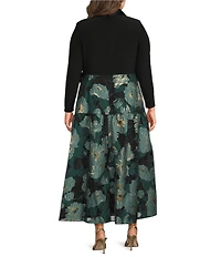 Adrianna Papell Plus Size Floral Print Long Sleeve Surplice Neck Combo Jacquard Dress