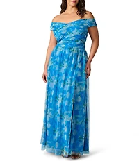 Adrianna Papell Plus Size Floral Print Off The Shoulder Tulle Long Gown