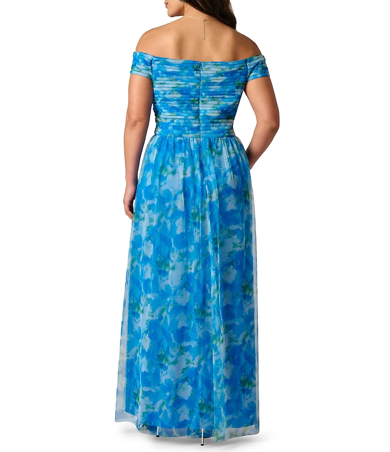 Adrianna Papell Plus Size Floral Print Off The Shoulder Tulle Long Gown